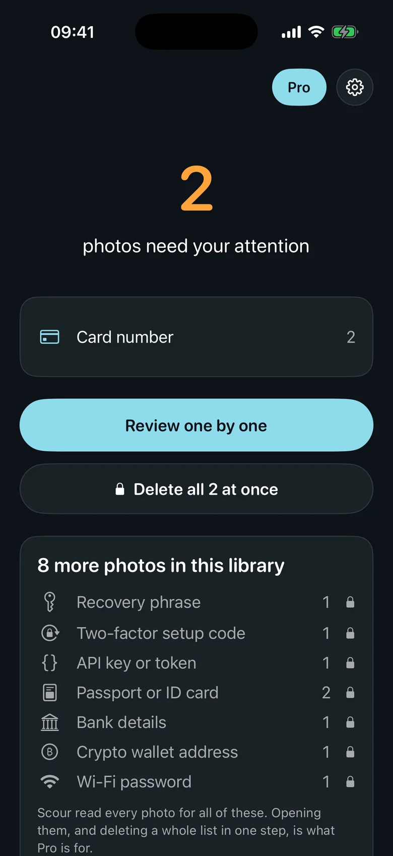 Card numbers free — every other kind counted, opened with Pro