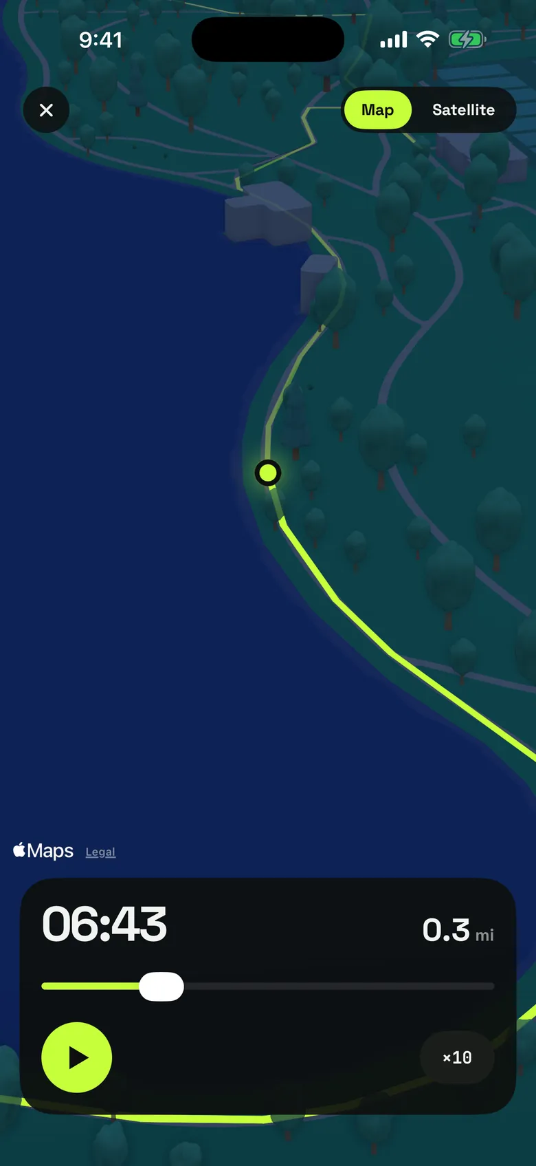 A walk's route in StepKit, replayed in 3D on a map