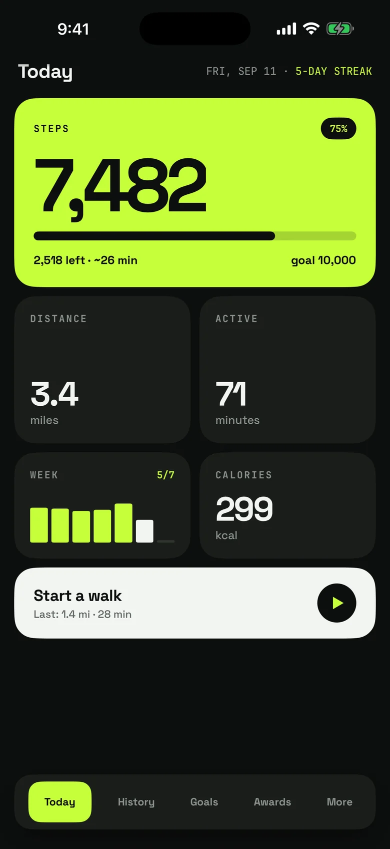 A step counter's Today screen: steps against a daily goal